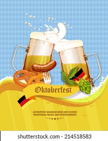 Oktoberfest greeting card. Poster with mug of beer, hops, pretzels, sausages, beer foam, flag of Germany on background of blue rhombuses. Vector illustration.