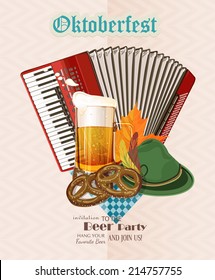 Oktoberfest greeting card. Poster with mug of beer, autumn leaves, beer foam, German accordion, hat on background of blue rhombuses. Vector illustration.