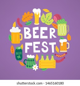 Oktoberfest greeting card with sausage, beer, mug, hop, meat, flower, edelweiss, oak, leaves, bottle on violet background. Circle ornament. Perfect for food and beer festival posters