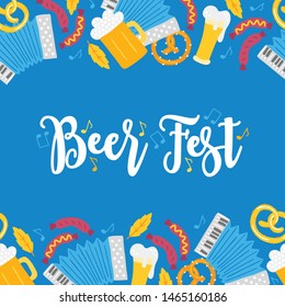 Oktoberfest greeting card with seamless border - accordion, beer, sausage, leaves, pretzel, notes, music. Perfect for food and beer festival posters