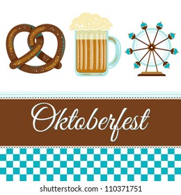 Oktoberfest greeting card in traditional style with alcoholic drink - beer, pretzel and carousel. Munich, Germany national event