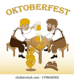 Oktoberfest greeting card. Two friends are drinking beer and eating pretzels.