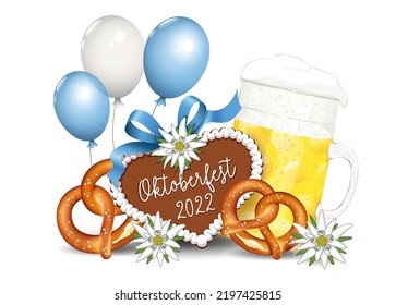 Saludos de Oktoberfest con el corazón y el texto de los jengibre - Oktoberfest 2022 - 
con edelweiss, cerveza, pretzels y globos, cultura alemana, 
Ilustración del vector aislada en fondo blanco
