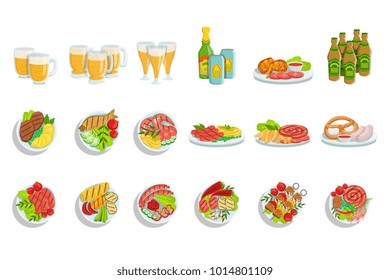 Oktoberfest Grill Set Of Food Plates Illustrations From Above