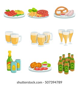 Oktoberfest Grill Set Of Food Plates And Beers Illustrations