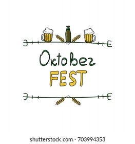 Oktoberfest  hand drawn card with beer mugs, bottle and hand lettering text. Doodle vector illustration