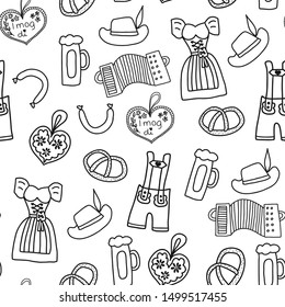 Oktoberfest hand drawn cartoon doodle seamless vector pattern. Oktoberfest repeating background. Traditional German icons. Bavarian beer, Lederhosen, Dirndl, gingerbread heart, sausage, pretzels