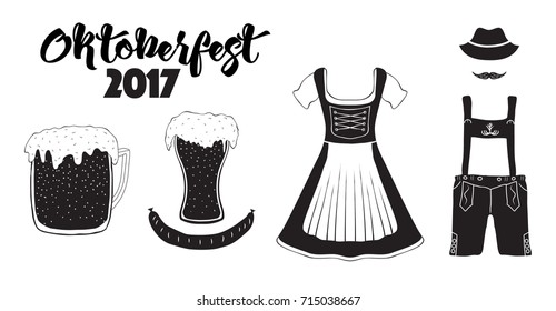 Oktoberfest hand drawn elements set isolated on white background. Woman and Man Bavarian traditional clothes 'Tracht', glass and mug full of bear, sausage, hat and mustache, vector illustration. 