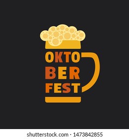 Oktoberfest hand drawn flat color vector icon. Craft Beer festival fun lettering design element. Beer mug sign isolated, black background. Fest invitation welcome symbol template cartoon illustration