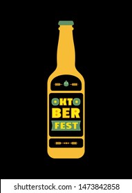 Oktoberfest hand drawn flat color vector icon. Brew festival typographic fancy letters design element. Text, beer bottle, black background. Fest invitation welcome flyer template cartoon illustration