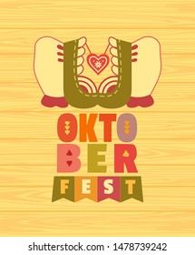 Oktoberfest hand drawn flat color vector icon. Beer festival traditional dirndl lettering design element. Beer fest text on wood background. Fest invitation welcome flyer template cartoon illustration