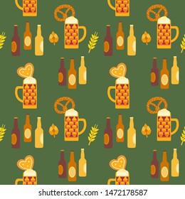 Oktoberfest hand drawn icon flat color vector seamless pattern. Brew drink decorative cartoon. Bar pub beer fest menu, restaurant background. Beer festival mug bottle beverage collection illustration