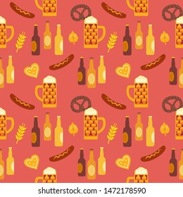 Oktoberfest hand drawn icon flat color vector seamless pattern. Brew drink decorative cartoon. Bar pub beer fest menu, restaurant background. Beer festival mug bottle beverage collection illustration