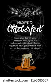 Oktoberfest hand drawn lettering and outline mug of beer for poster, banner, invitation, promo. Chalk art on blackboard background. Typography with hop cones and wheat heads. Template for card
