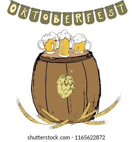 Oktoberfest hand drawn lettering, wooden barrel and beer glass. Holiday, celebration or offer design.  Isolated on white background. Vector illustration