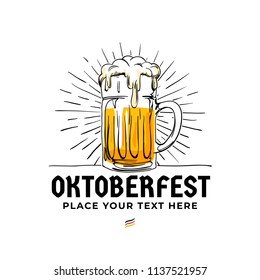 Oktoberfest hand drawn logo badge. Old style full glass of beer with sun rays background illustration for Munich beer festival concept design. Poster, banner, sticker, advertising vector template.