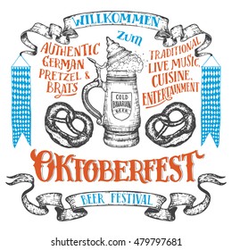 Oktoberfest hand drawn set. Willkommen zum Oktoberfest. Hand lettering set of beer festival. German ceramic beer stein with a pretzels and vintage banners isolated on white