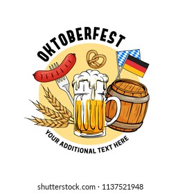 Oktoberfest hand drawn vector illustration. Munich beer festival concept with vintage old style design. Glass beer mug with barrel, sausage, grain, pretzel, germany flag element