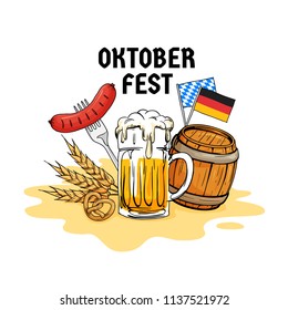 Oktoberfest hand drawn vector illustration. Munich beer festival concept with vintage old style design. Glass beer mug with barrel, sausage, grain, germany flag element for poster, banner, logo, badge