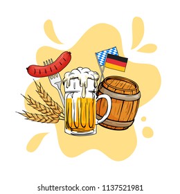Oktoberfest hand drawn vector illustration. Munich beer festival concept with vintage old style design. Glass beer mug with barrel, sausage, grain, germany flag element for poster, banner, logo, badge