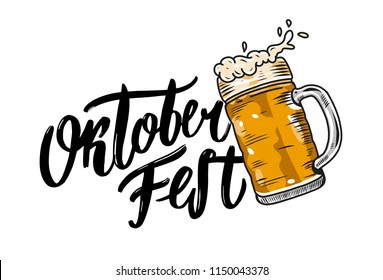 Oktoberfest hand drawn vector lettering and beer glass. Modern brush calligraphy. Isolated on white background.