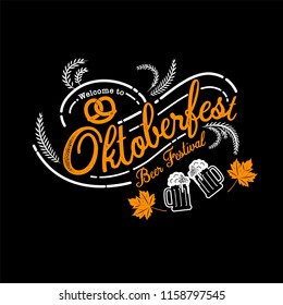 Oktoberfest hand drawn vector lettering and beer glass. Modern brush calligraphy. grunge background.