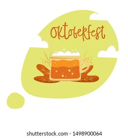 Oktoberfest hand drawn vector lettering and mug of beer. Isolated on white background. Illustration of  Bavarian festival design. Perfect for advertising, logo, poster, card.     