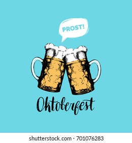 Oktoberfest hand lettering poster. Vector beer festival flyer. Brewery label or badge with vintage hand sketched glass mugs. 