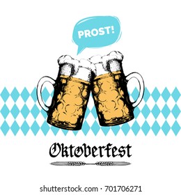 Oktoberfest hand lettering poster. Vector beer festival flyer. Brewery label or badge with vintage hand sketched glass mugs. 