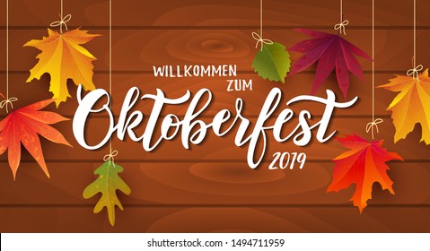 Oktoberfest hand lettering text on textured background. Typography for greeting card, invitation, banner, postcard, poster template. German translation: Welcome to Octoberfest 2019. Vector