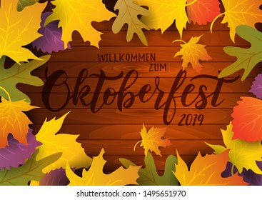 Oktoberfest hand lettering text on textured background. Typography for greeting card, invitation, banner, postcard, poster template. German translation: Welcome to Octoberfest 2019. Vector