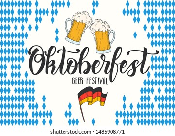 Oktoberfest hand made lettering, beer mug and german flag in sketch. Beer festival 2019. Sketch. Oktoberfest print design for menu, poster, banner, flyer, brochure