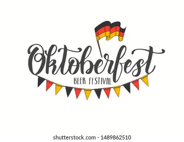 Oktoberfest hand made lettering, flag garland and german flag on white. Beer festival 2019. Sketch. Oktoberfest print design for menu, poster, banner, flyer, brochure