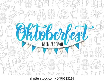 Oktoberfest hand made lettering and flag garland on seamless pattern. Beer festival 2019. Oktoberfest doodle hand made symbols in sketch style. Print design for menu, poster, banner, flyer, brochure