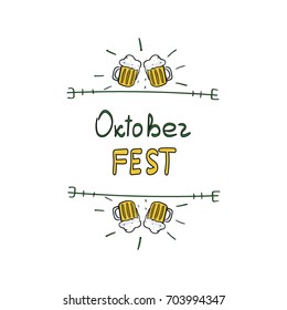 Oktoberfest hand sketched poster with beer mugs and hand lettering text. Doodle vector illustration