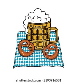 Oktoberfest Hand-drawn concept  Beer Festival Germany Munich vector illustration. Beer mug with pretzel on blue pattern table cloth. Social media post, website, greeting card, poster, graphic design