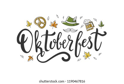 Oktoberfest handwritten beautiful calligraphic word. Hand drawn lettering with different objects and leaves. - Vector