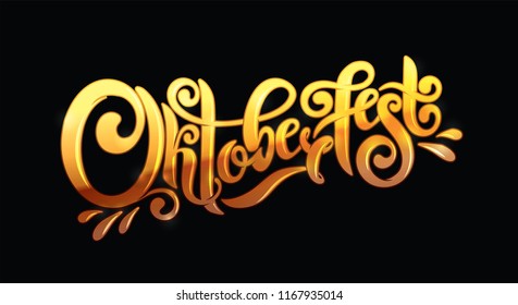 Oktoberfest handwritten gold lettering header Design template event celebration. Oktoberfest typography title vector design for greeting cards, poster. Beer Bavarian Festival banner. Blue orange color