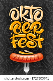 Oktoberfest handwritten inscription. Unique lettering and grill sausage with a fork for traditional beer festival. Pattern with different subjects on beer theme on background. Vector illustration.