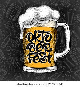 Oktoberfest handwritten inscription. Unique lettering on the beer mug for traditional beer festival. Pattern with different subjects on beer theme on background. Vector illustration.