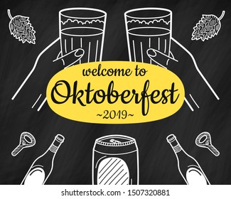 Oktoberfest handwritten lettering. Beer Festival banner. Design template event celebration. Two hands with beer mugs. Vector illustration.