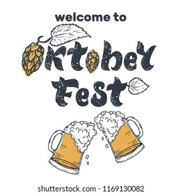 Oktoberfest handwritten lettering with beer mugs and hops. Oktoberfest typography vector design for greeting cards, poster, menu. Beer Festival vector banner. Illustration isolated on white background