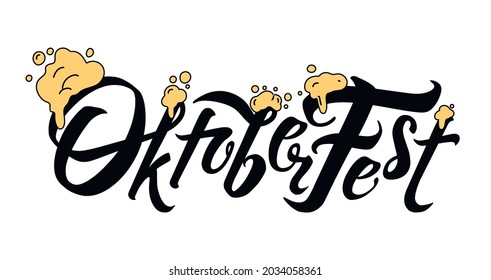 Oktoberfest handwritten lettering header. Beer foam. Vector Design template event celebration. Beer Bavarian Festival banner. Typography title for greeting cards and poster. Modern brush calligraphy.