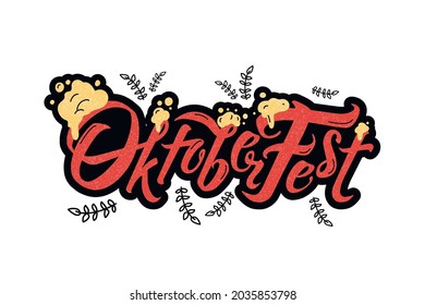 Oktoberfest handwritten lettering header. Beer foam. Vector Design template event celebration. Beer Bavarian Festival banner. Typography title for cards and poster. Hops, malt and brewer's yeast.