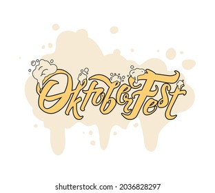 Oktoberfest handwritten lettering header. Beer foam. Vector Design template event celebration. Beer Bavarian Festival banner. Typography title for cards and poster. Hops, malt and brewer's yeast.