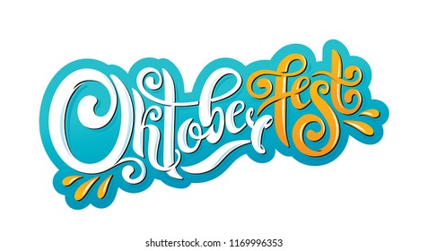 Oktoberfest handwritten lettering header. Design template event celebration. Oktoberfest typography title vector design for greeting cards and poster. Beer Bavarian Festival banner. Blue, orange color