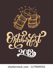 Oktoberfest handwritten lettering, image of two mugs of beer. Elements for labels, logos, stickers or icons. Beer Festival banner. Vector illustration.