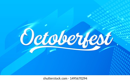 Oktoberfest handwritten lettering logotype on white and blue Bavarian pattern. Beer Festival vector banner. Blue, white lettering typography for logo, poster, card. 