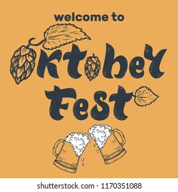 Oktoberfest handwritten lettering, two mugs of frothy beer and hops. Oktoberfest typography vector design for greeting cards, poster, menu. Beer Festival vector banner. Vector illustration