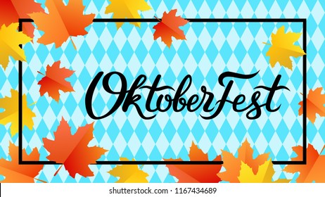 Oktoberfest handwritten lettering. Oktoberfest typography design for greeting cards and poster. German translation - Octoberfest. Vector illustration: frame, autumn leaves on traditional pattern
